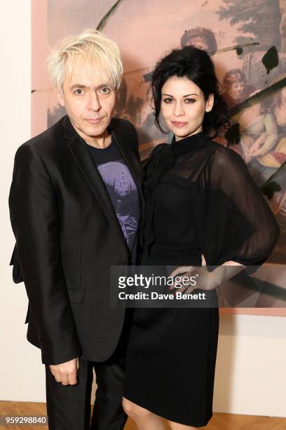 Musician Nick Rhodes and Nefer Suvio attend Pace Gallery Celebrates Julian Schnabel at 6 Burlington Gardens on May 16, 2018 in London, England.