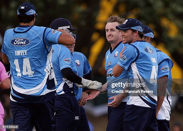 Scott Styris of Auckland celebrates the wicket of during the Peter McGlashan of Northern HRV Cup Twenty20 match between the Auckland Aces and the...