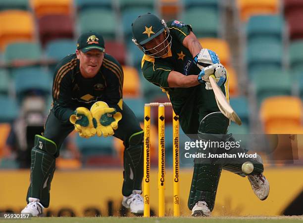 Younus Khan of Pakistan hits out during the first One Day International match between Australia and Pakistan at The Gabba on January 22, 2010 in...