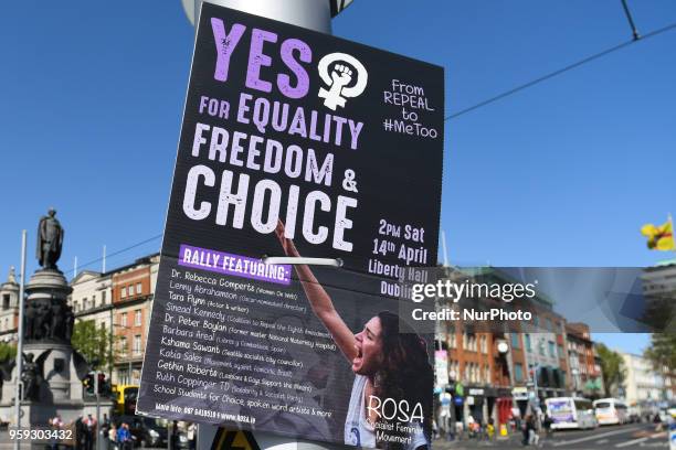 Pro-Choice poster urging a 'yes' vote in the referendum to repeal the eighth amendment of the Irish Constitution seen on O'Connell Bridge in Dublin's...