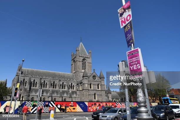 View of Pro-Choice and Pro-Life posters near Christ Church Cathedral, ahead of the referendum in relation to the eighth amendment of the Irish...