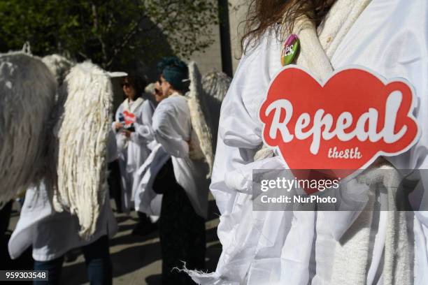 Activists from the 'Angels for Yes' campaign near Trinity College, urging a 'yes' vote in the referendum to repeal the eighth amendment of the Irish...