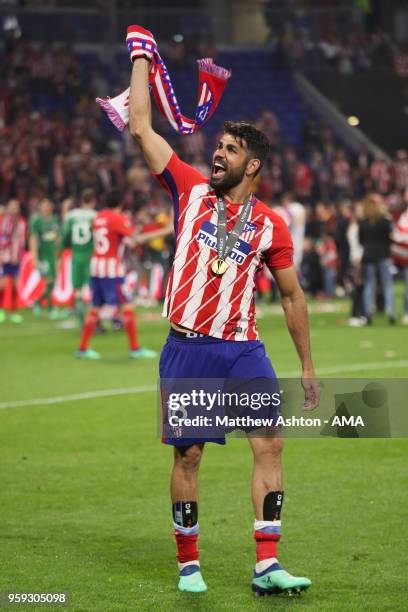 Diego Costa of Atletico Madrid celebrates at the end of the UEFA Europa League Final between Olympique de Marseille and Club Atletico de Madrid at...