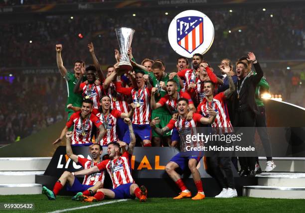 Atletico Madrid players celebrate as they lift The Europa League trophy after the UEFA Europa League Final between Olympique de Marseille and Club...