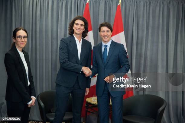 Canada's Prime Minister Justin Trudeau meets with WeWork Co-Founder and CEO Adam Neuman on May 16, 2018 in New York City.