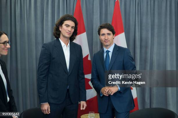 Canada's Prime Minister Justin Trudeau meets with WeWork Co-Founder and CEO Adam Neuman on May 16, 2018 in New York City.