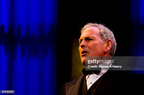 Actor Victor Garber on stage during the curtain call for the opening night of "Present Laughter" on Broadway at the American Airlines Theatre on...