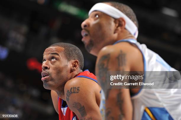 Marcus Camby of the Los Angeles Clippers reacts to a play against Kenyon Martin of the Denver Nuggets on January 21, 2010 at the Pepsi Center in...