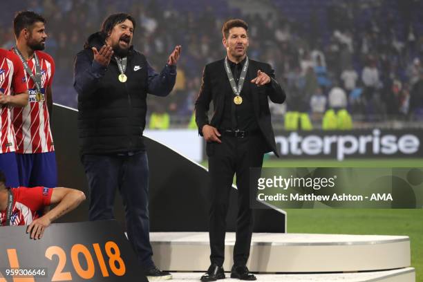 Atletico Madrid Manager / Head Coach Diego Simeone celebrates with Assistant German Burgos at the end of the UEFA Europa League Final between...