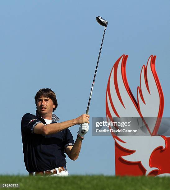 Robert-Jan Derksen of The Netherlands hits his tee shot at the par 4, 3rd hole during the second round of The Abu Dhabi Golf Championship at Abu...