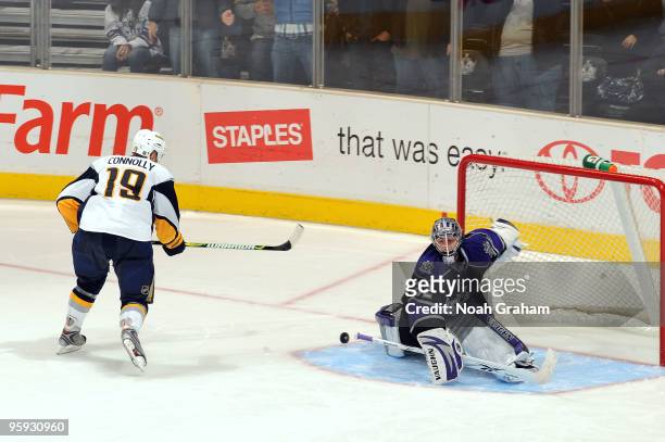 Jonathan Quick of the Los Angeles Kings makes the game winning save during the shootout against Tim Connolly of the Buffalo Sabres on January 21,...