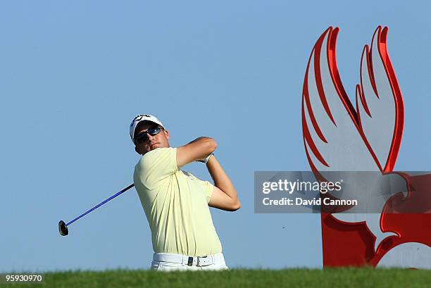 Francois Delamontagne of France plays his tee shot at the par 4, 3rd hole during the second round of The Abu Dhabi Golf Championship at Abu Dhabi...