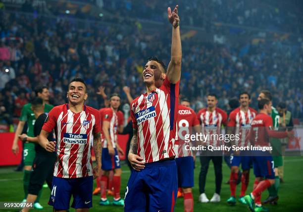 Lucas Hernandez and Angel Martin Correa of Atletico de Madrid celebrate after winning during the UEFA Europa League Final between Olympique de...