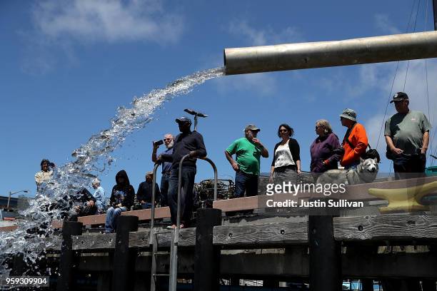 Thousands of young fingerling Chinook salmon are released into a holding pen at Pillar Point Harbor on May 16, 2018 in Half Moon Bay, California....