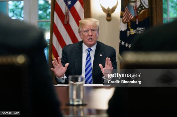 President Donald Trump speaks during a meeting with California leaders and public officials in the Cabinet Room of the White House in Washington,...