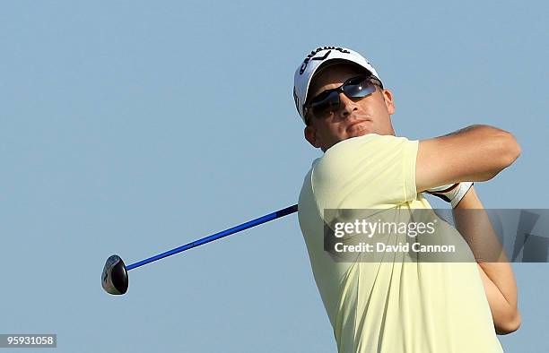 Francois Delamontagne of France plays his tee shot at the par 4, 3rd hole during the second round of The Abu Dhabi Golf Championship at Abu Dhabi...