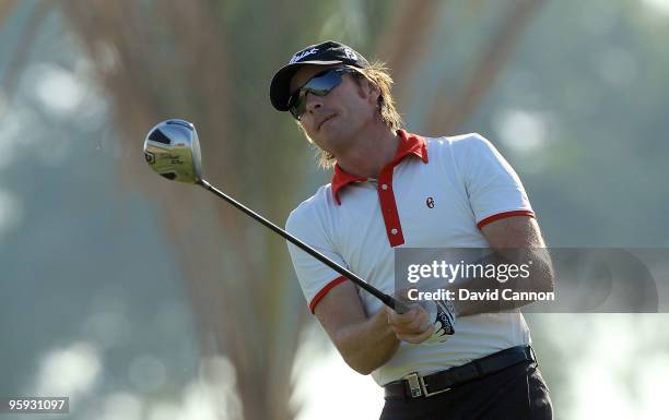 Brett Rumford of Australia plays his tee shot at the par 4, 5th hole during the second round of The Abu Dhabi Golf Championship at Abu Dhabi Golf...