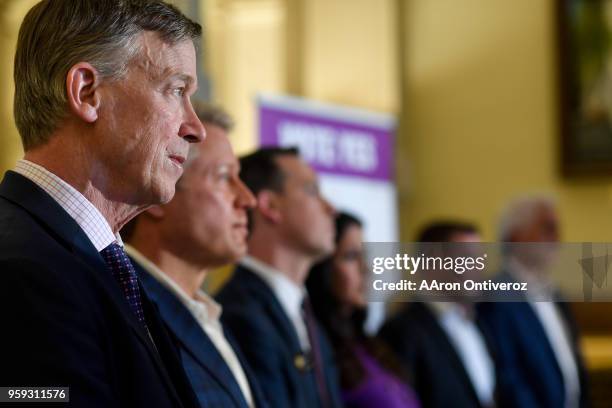 From left Gov. John Hickenlooper, campaign co-chair Kent Thiry, Sen. Steve Fenberg, House Speaker Crisanta Duran, House Minority Leader Patrick...