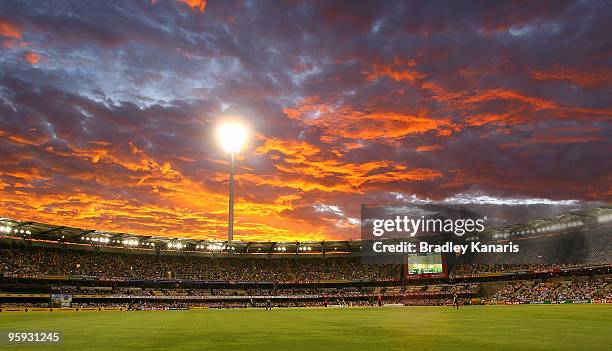 The sun sets at the Gabba during the first One Day International match between Australia and Pakistan at The Gabba on January 22, 2010 in Brisbane,...