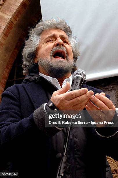 Actor Beppe Grillo held a political meeting at piazza Nettuno to introduce Giovanni Favia as candidate to presidency of region Emilia Romagna on...