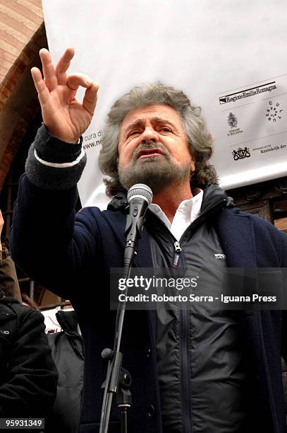 Actor Beppe Grillo held a political meeting at piazza Nettuno to introduce Giovanni Favia as candidate to presidency of region Emilia Romagna on...