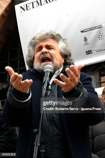 Actor Beppe Grillo held a political meeting at piazza Nettuno to introduce Giovanni Favia as candidate to presidency of region Emilia Romagna on...