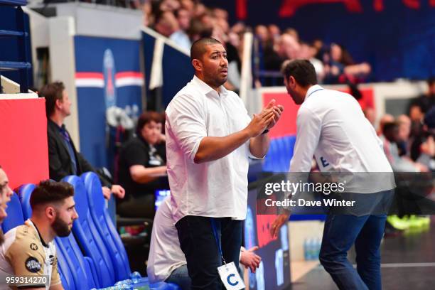 Aix assistant coach Didier De Samie during the Lidl StarLigue match between Paris Saint Germain and Aix at Salle Pierre Coubertin on May 16, 2018 in...