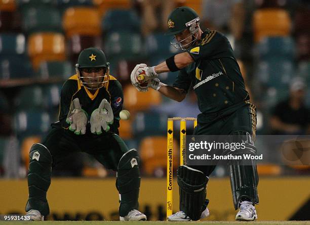 Michael Clarke of Australia plays a shot during the first One Day International match between Australia and Pakistan at The Gabba on January 22, 2010...