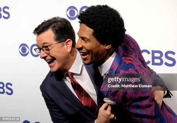 Stephen Colbert and Jon Batiste attend the 2018 CBS Upfront at The Plaza Hotel on May 16, 2018 in New York City.