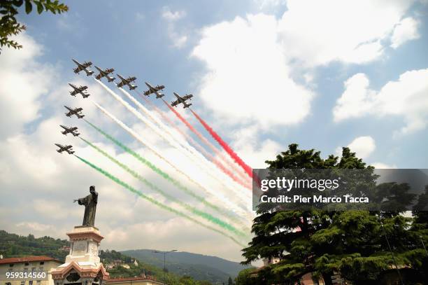 The Frecce tricolori perform during the 1000 Miles Historic Road Race on May 16, 2018 in Brescia, Italy.