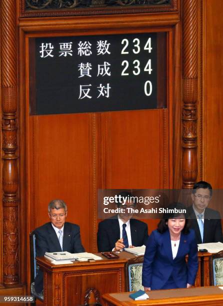 Internal Affiars Minister Seiko Noda bows as the "Candidate gender equality law" has been passed unanimously in the Upper House on May 16, 2018 in...