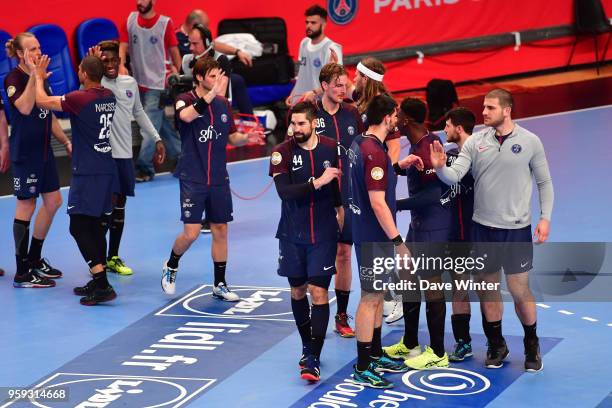 Celebrate winning the Lidl StarLigue match between Paris Saint Germain and Aix at Salle Pierre Coubertin on May 16, 2018 in Paris, France.