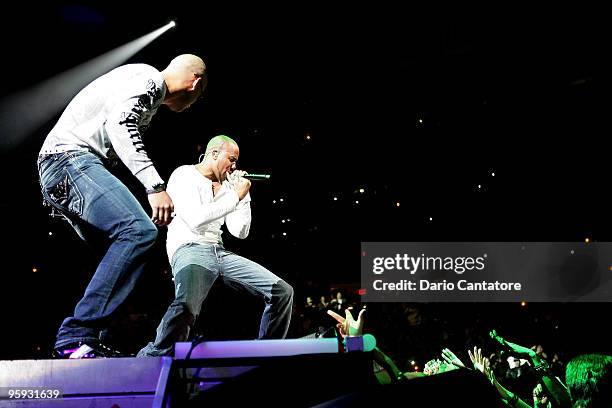 Juan Luis Morera Luna of Wisin & Yandel and Anthony Santos of Aventura perform at Madison Square Garden on January 21, 2010 in New York City.