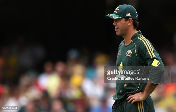 Ricky Ponting sets himself in the field during the first One Day International match between Australia and Pakistan at The Gabba on January 22, 2010...