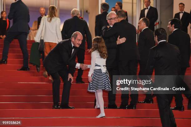 Pierre Lescure greets actress Alida Baldari Calabria, actor Marcello Fonte and director Matteo Garrone attends the screening of "Whitney" during the...