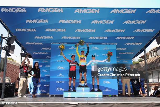 Second place Patrick Bevin of New Zealand and BMC Racing Team, first place Tejay van Garderen of The United States and BMC Racing Team and third...