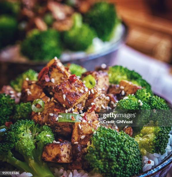 geroosterd tofu met sojasaus, broccoli en rijst - tofoe stockfoto's en -beelden