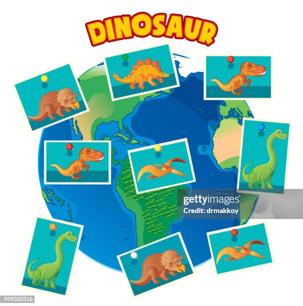 stockillustraties, clipart, cartoons en iconen met dinosaurus en wereld - deinonychus