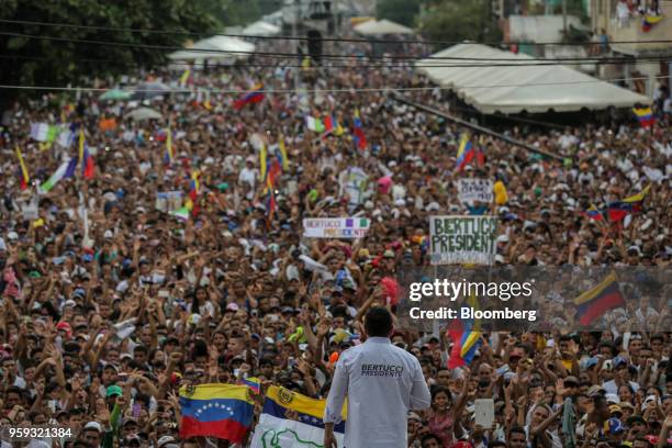 Evangelical pastor Javier Bertucci, presidential candidate for the Esperanza Por El Cambio Party, speaks during his closing campaign rally in...