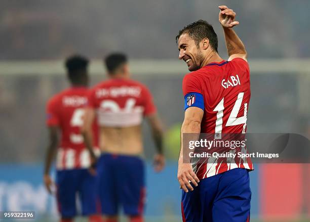 Gabi of Atletico de Madrid celebrates after scoring his sides third goal during the UEFA Europa League Final between Olympique de Marseille and Club...