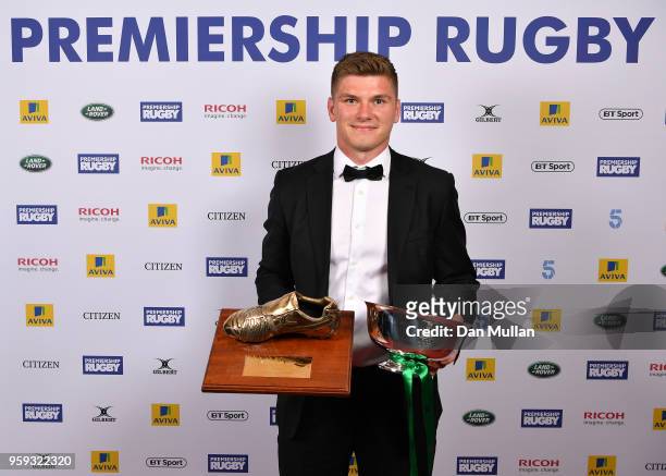 Owen Farrell of Saracens receives the Gilbert Golden Boot Award during the Premiership Rugby Awards 2018 at the Royal Lancaster Hotel on May 16, 2018...