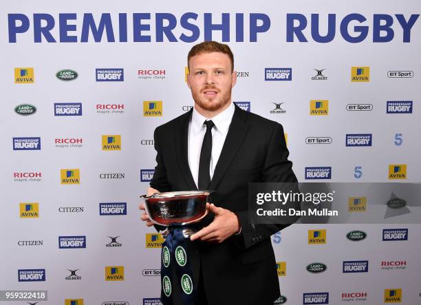 Sam Simmonds of Exeter Chiefs receives the Land Rover Discovery of the Season award during the Premiership Rugby Awards 2018 at the Royal Lancaster...