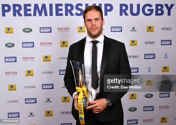 Will Welch of Newcastle Falcons receives the Aviva Premiership Rugby Player of the Season award on behalf of Vereniki Goneva during the Premiership...