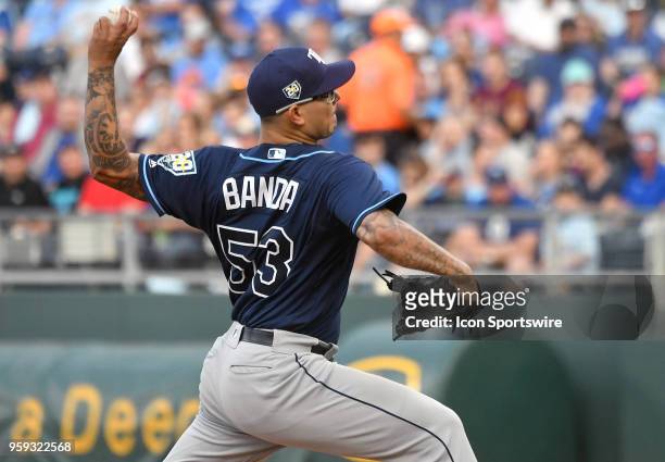Tampa Bay Rays starting pitcher Anthony Banda pitches in the first inning during a Major League Baseball game between the Tampa Bay Rays and the...