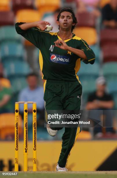 Mohammad Asif of Pakistan in action during the first One Day International match between Australia and Pakistan at The Gabba on January 22, 2010 in...