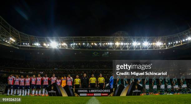 Players listening the National Anthem before a match between Palmeiras and Junior Barranquilla for the Copa CONMEBOL Libertadores 2018 at Allianz...