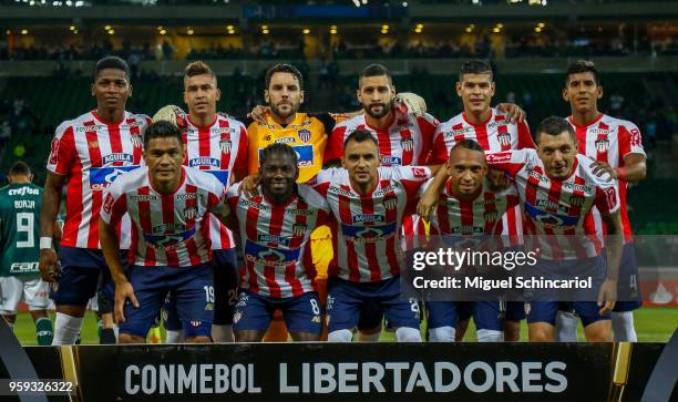 Colombia's Junior Barranquilla team players poses before a match between Palmeiras and Junior Barranquilla for the Copa CONMEBOL Libertadores 2018 at...