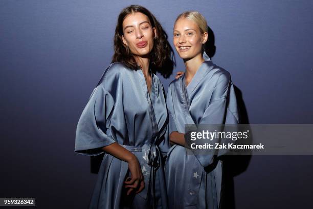 Models pose backstage ahead of the Leo & Lin show at Mercedes-Benz Fashion Week Resort 19 Collections at Carriageworks on May 17, 2018 in Sydney,...
