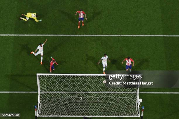 Antoine Griezmann of Atletico Madrid scores his team's second goal of the game during the UEFA Europa League Final between Olympique de Marseille and...