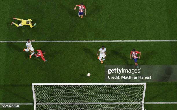 Antoine Griezmann of Atletico Madrid scores his team's second goal of the game during the UEFA Europa League Final between Olympique de Marseille and...